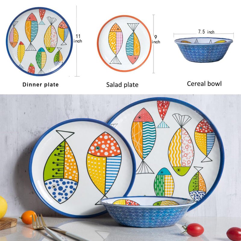 Gofunfun Melamine Dinnerware set for 4, Plates and Bowls Sets, Great for Camper, RV, Indoors Outdoors Use with Ocean Printed, Unbreakable - Image 2